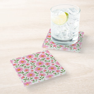 Pink Daisy Floral Botanical Pattern Glass Coaster