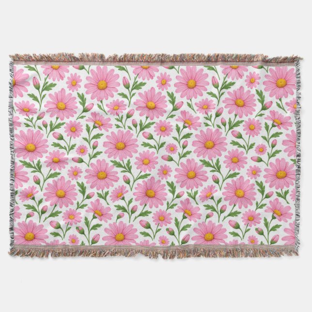 Pink Daisy Floral Botanical Pattern Throw Blanket (Front)
