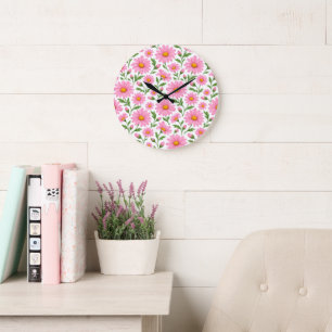 Pink Daisy Floral Botanical Pattern Wall Clock