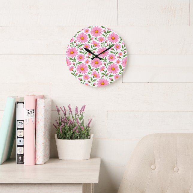 Pink Daisy Floral Botanical Pattern Wall Clock (Reading Room)