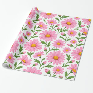 Pink Daisy Floral Botanical Pattern Wrapping Paper