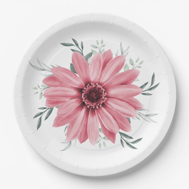 Pink Daisy Floral Bridal Shower Paper Plate (Front)