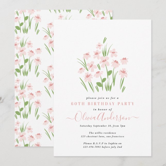 Pink daisy floral elegant beautiful 60th Birthday Invitation (Front/Back)