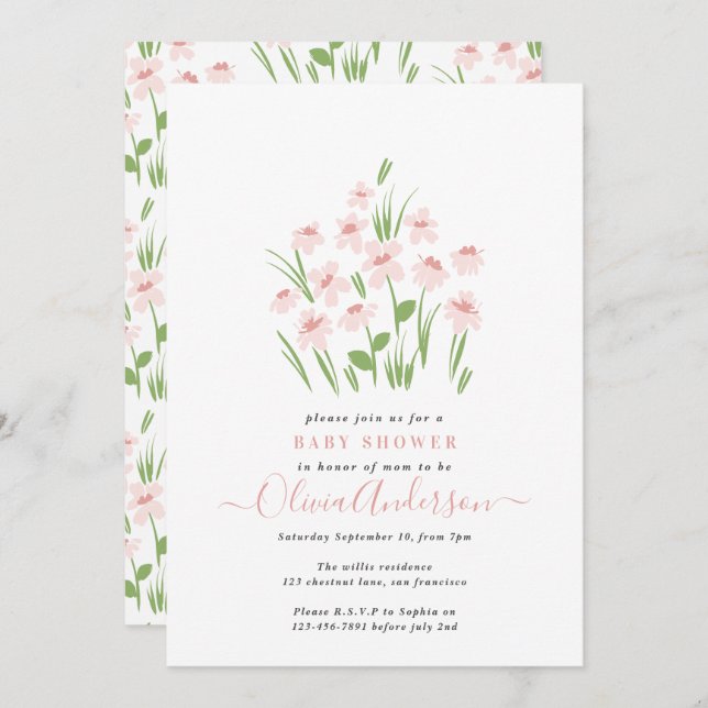 Pink daisy floral elegant beautiful baby shower invitation (Front/Back)