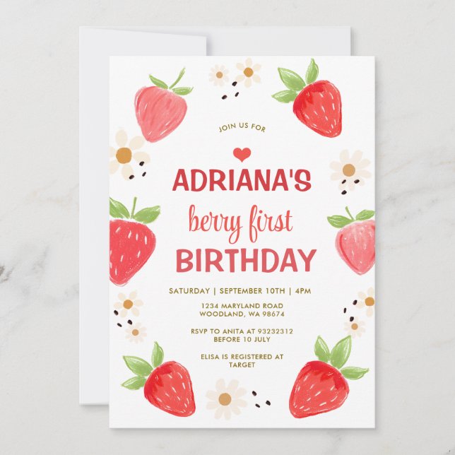 Pink Daisy Floral Gingham Berry First Birthday Invitation (Front)