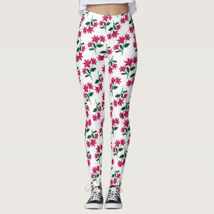 Pink daisy floral pattern on white background leggings