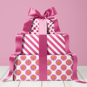 Pink Daisy Floral Stripes Polka Dot  Wrapping Paper Sheet
