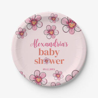 Pink Daisy Flower Girls Baby Shower Paper Plate