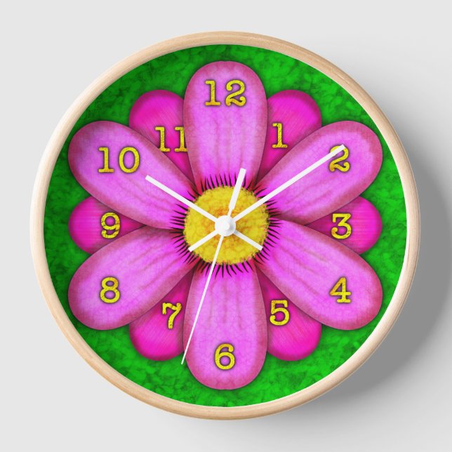 Pink Daisy Flower on Green Beautiful Clock (Front)