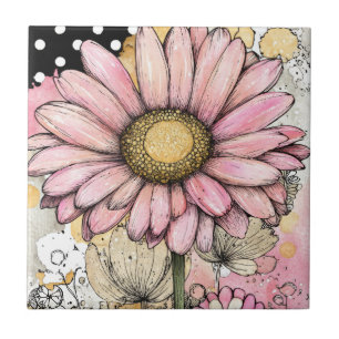 Pink Daisy Flower Sketch with Golden Yellow Centre Ceramic Tile