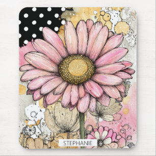 Pink Daisy Flower Sketch with Golden Yellow Centre Mouse Pad