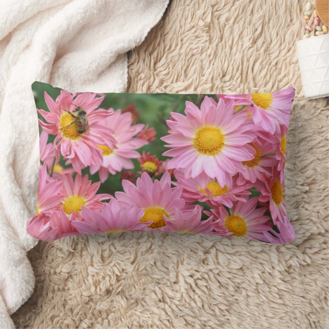 Pink Daisy Flowers And Bumble Bee   Lumbar Cushion (Blanket)