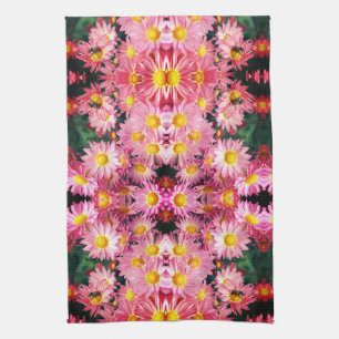 Pink Daisy Flowers And Bumble Bee Pattern   Tea Towel
