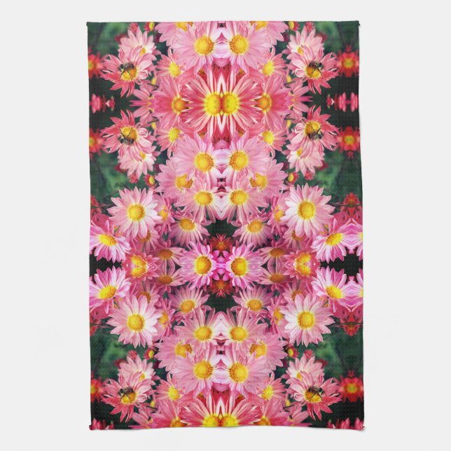 Pink Daisy Flowers And Bumble Bee Pattern   Tea Towel (Vertical)