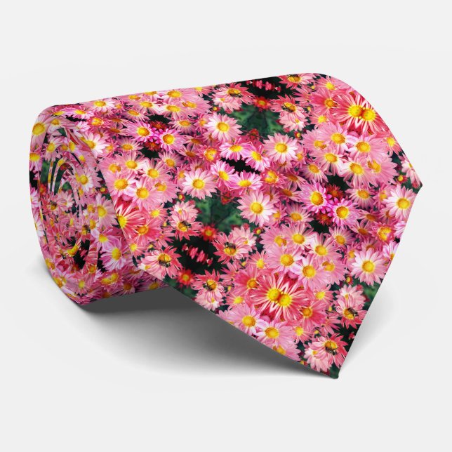 Pink Daisy Flowers And Bumble Bee Pattern    Tie (Rolled)