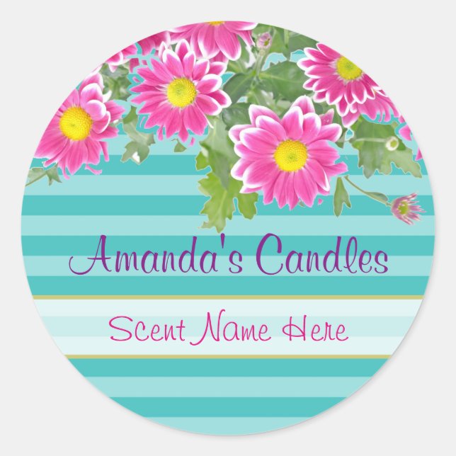 Pink Daisy Flowers on Turquoise Stripe Candle Classic Round Sticker (Front)
