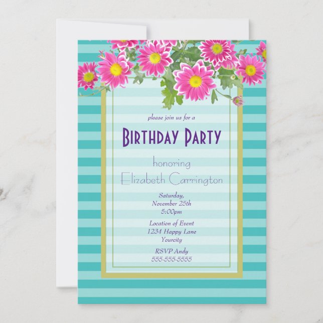 Pink Daisy Flowers on Turquoise Stripes Birthday Invitation (Front)
