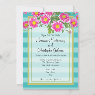 Pink Daisy Flowers on Turquoise Stripes Wedding Invitation