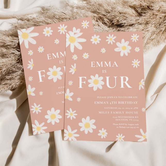 Pink Daisy Fourth 4th Birthday invitation Four (Creator Uploaded)