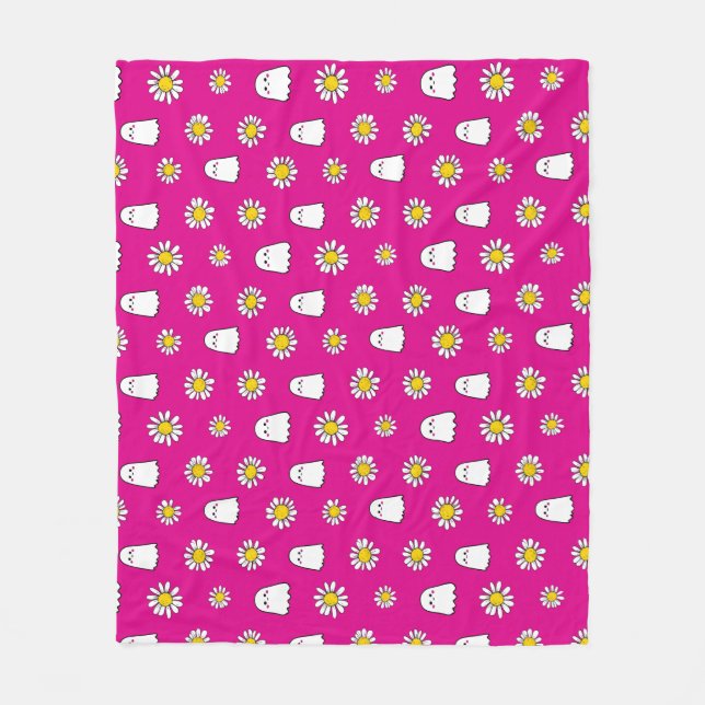 Pink Daisy Ghost Halloween Fleece Blanket (Front)