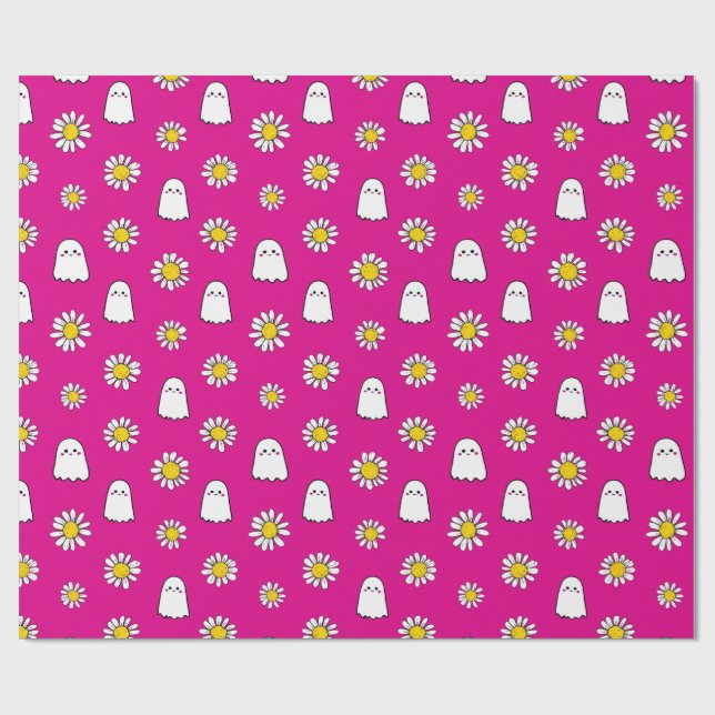 Pink Daisy Ghost Halloween Wrapping Paper (Flat)