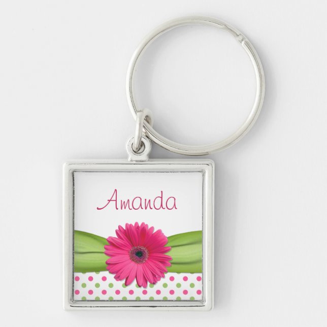 Pink Daisy Green Polka Dot Custom Name Keychain (Front)