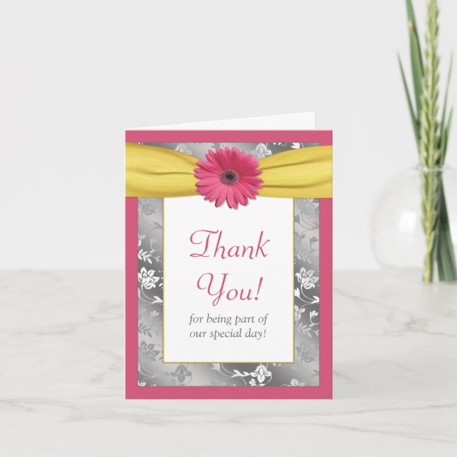 Pink Daisy Grey Yellow Damask Wedding Thank You (Front)