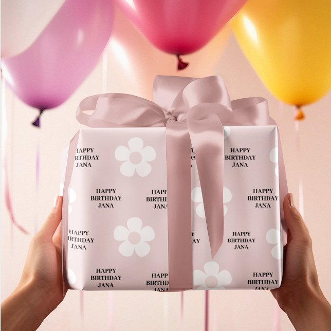 Pink Daisy Happy Birthday Elegant Wrapping Paper (Creator Uploaded)