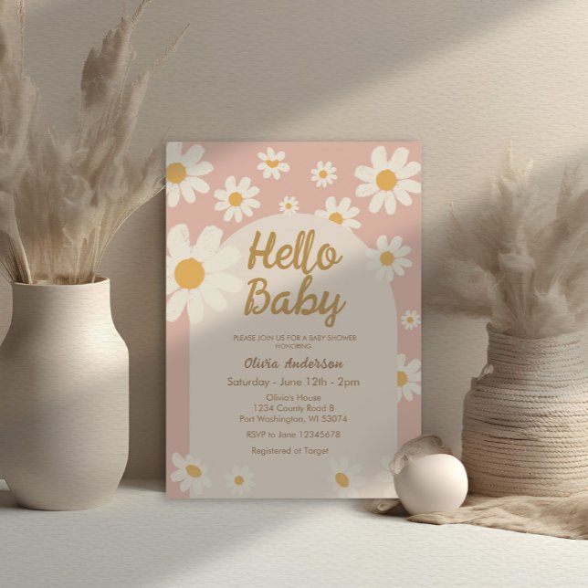 Pink Daisy Hello Baby Retro Baby Shower  Invitation (Creator Uploaded)