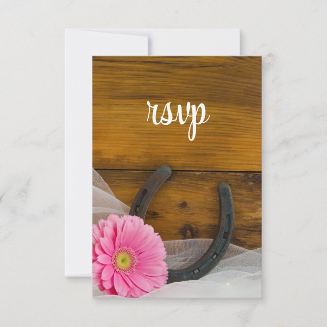 Pink Daisy Horseshoe Country Wedding RSVP Card (Front)