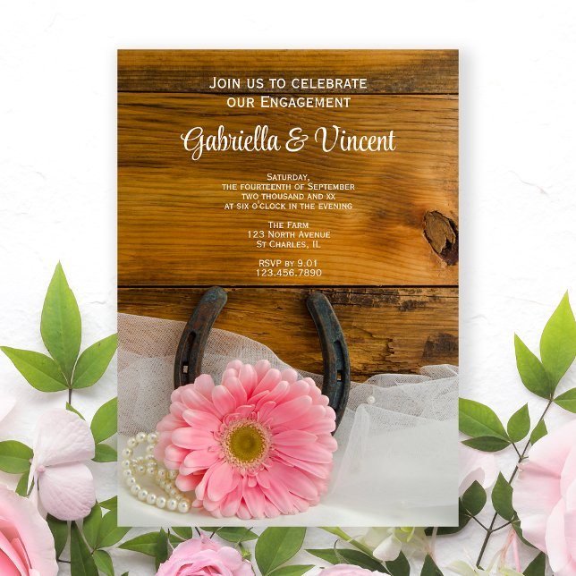 Pink Daisy Horseshoe Western Engagement Party Invitation (Creator Uploaded)