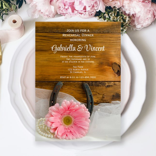 Pink Daisy Horseshoe Western Rehearsal Dinner Invitation (Creator Uploaded)