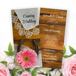 Pink Daisy, Lace and Horseshoe Western Wedding Program