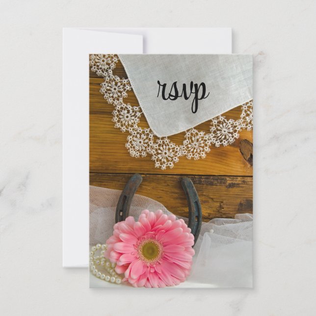 Pink Daisy Lace Country Western Wedding RSVP Card (Front)