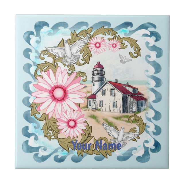 Pink Daisy Lighthouse Ceramic Tile (Front)