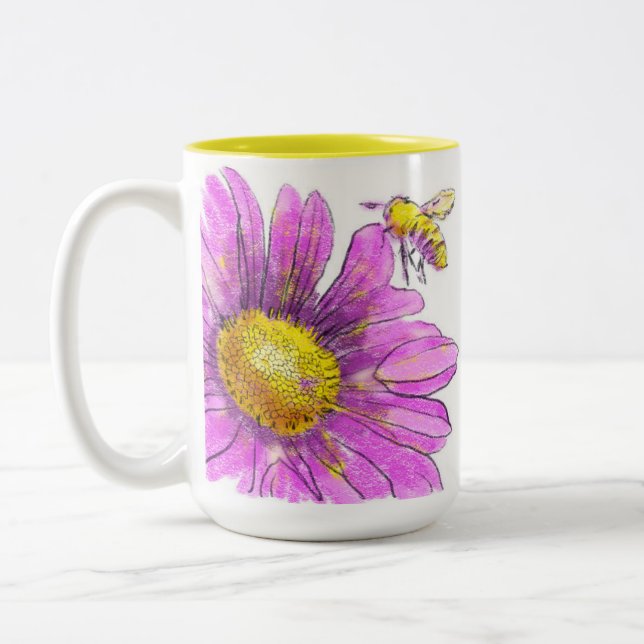 Pink Daisy Mum with Bumblebee Two-Tone Coffee Mug (Left)