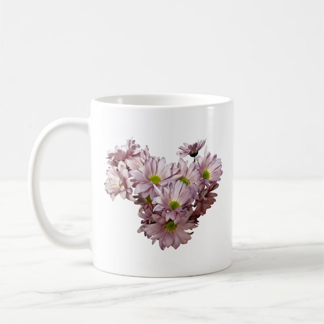 Pink Daisy Mums Heart Coffee Mug (Left)