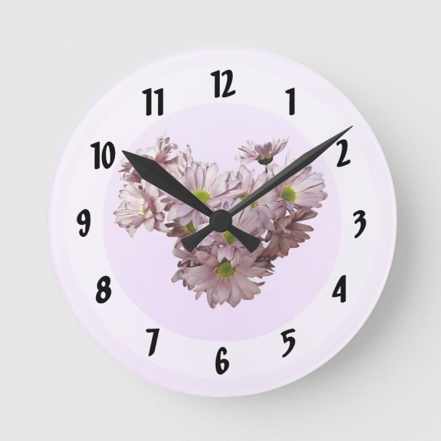 Pink Daisy Mums Heart Round Clock (Front)