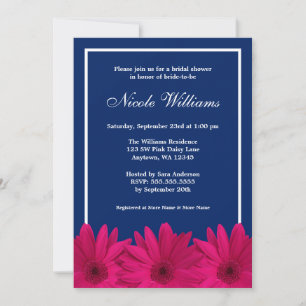 Pink Daisy Navy Blue Border Bridal Shower Invitation