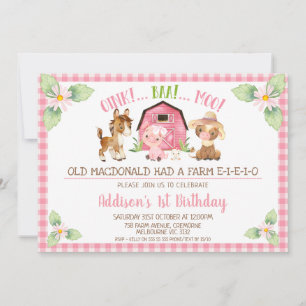 Pink Daisy Oink Baa Moo Farm 1st Birthday Invitation