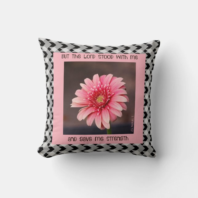 Pink daisy on B&W gingham, with scripture verse Cushion (Front)