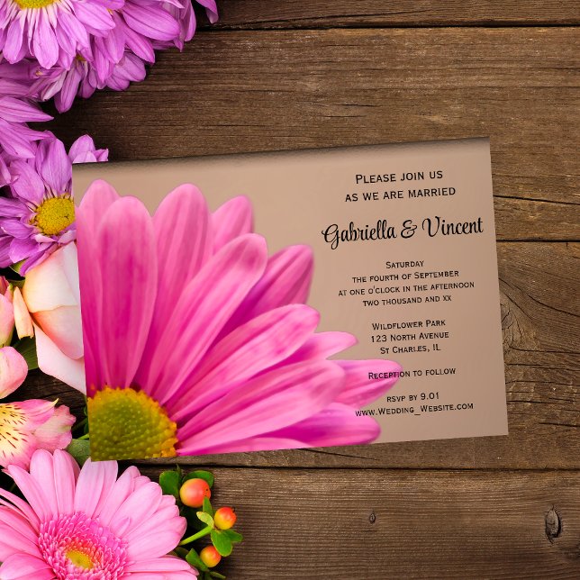 Pink Daisy on Tan Wedding Invitation (Invite guests to your garden party marriage with the pretty Pink Daisy on Tan Wedding Invitation.)
