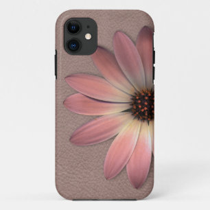 Pink Daisy on Taupe Leather Print iPhone 11 Case