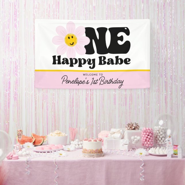 Pink Daisy One Happy Babe First Birthday Banner (Party)