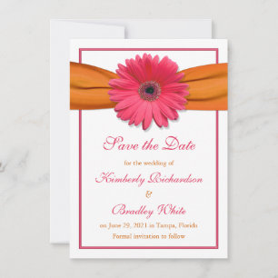 Pink Daisy Orange Ribbon Wedding Save the Date