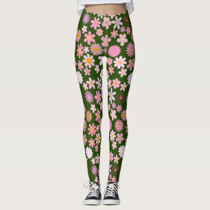 Pink Daisy Pattern 01.bw DGreen BG Leggings