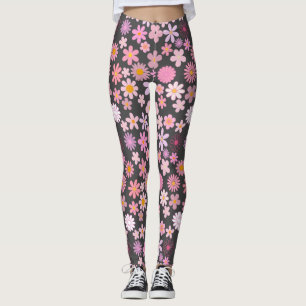 Pink Daisy Pattern 01.bw DGrey BG Leggings