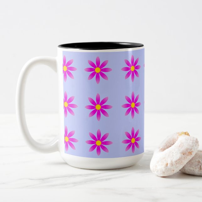 Pink Daisy Pattern Two-Tone Coffee Mug (With Donut)