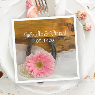 Pink Daisy, Pearls and Horseshoe Western Wedding Napkin