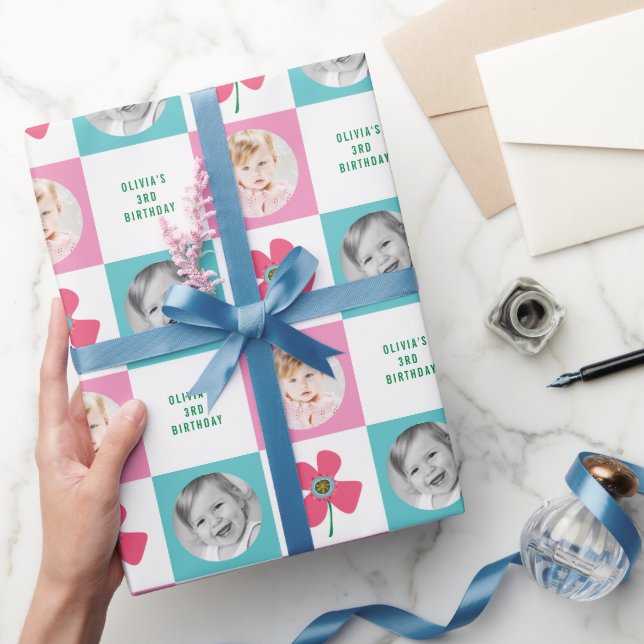 Pink Daisy Pop Flower Chic Birthday Photo Gift Wrapping Paper (Gifting)